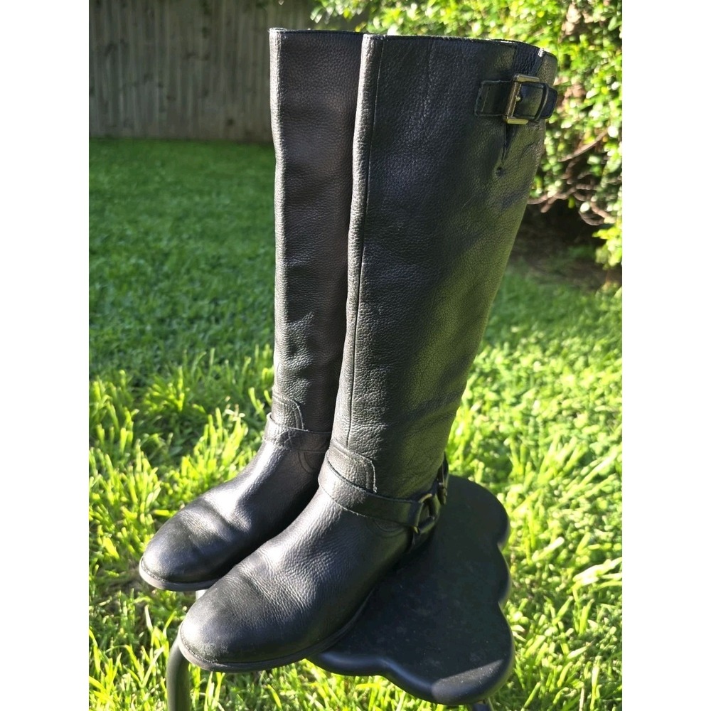 Lauren Ralph Lauren Black Pebbled Leather Tall Riding Boots Brass Buckle